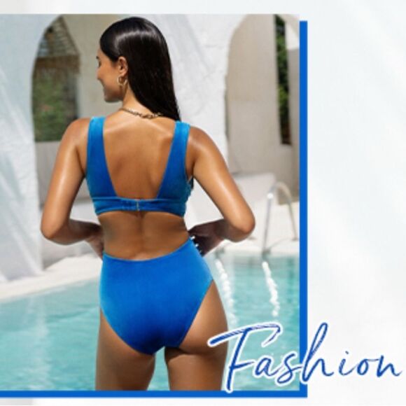 Fluffy Velvet Cutout Plunge Paneling Monokini Swimsuit XL - Picture 2 of 9